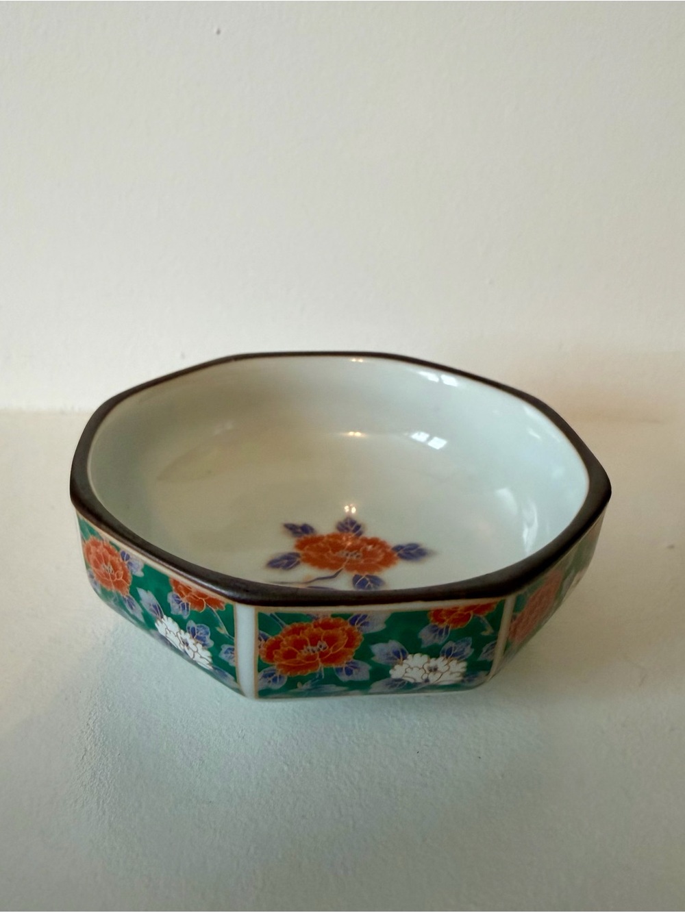 Japanese Vintage Floral Ceramic Dish in Green and Orange